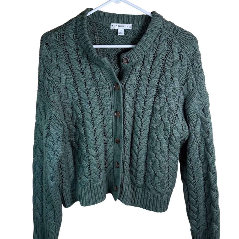 And Now This Cardigan Women Small Green Cable Knit Button Front Cottagecore Boho